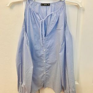 Pinstripe Blue and White Cold Shoulder Button Top